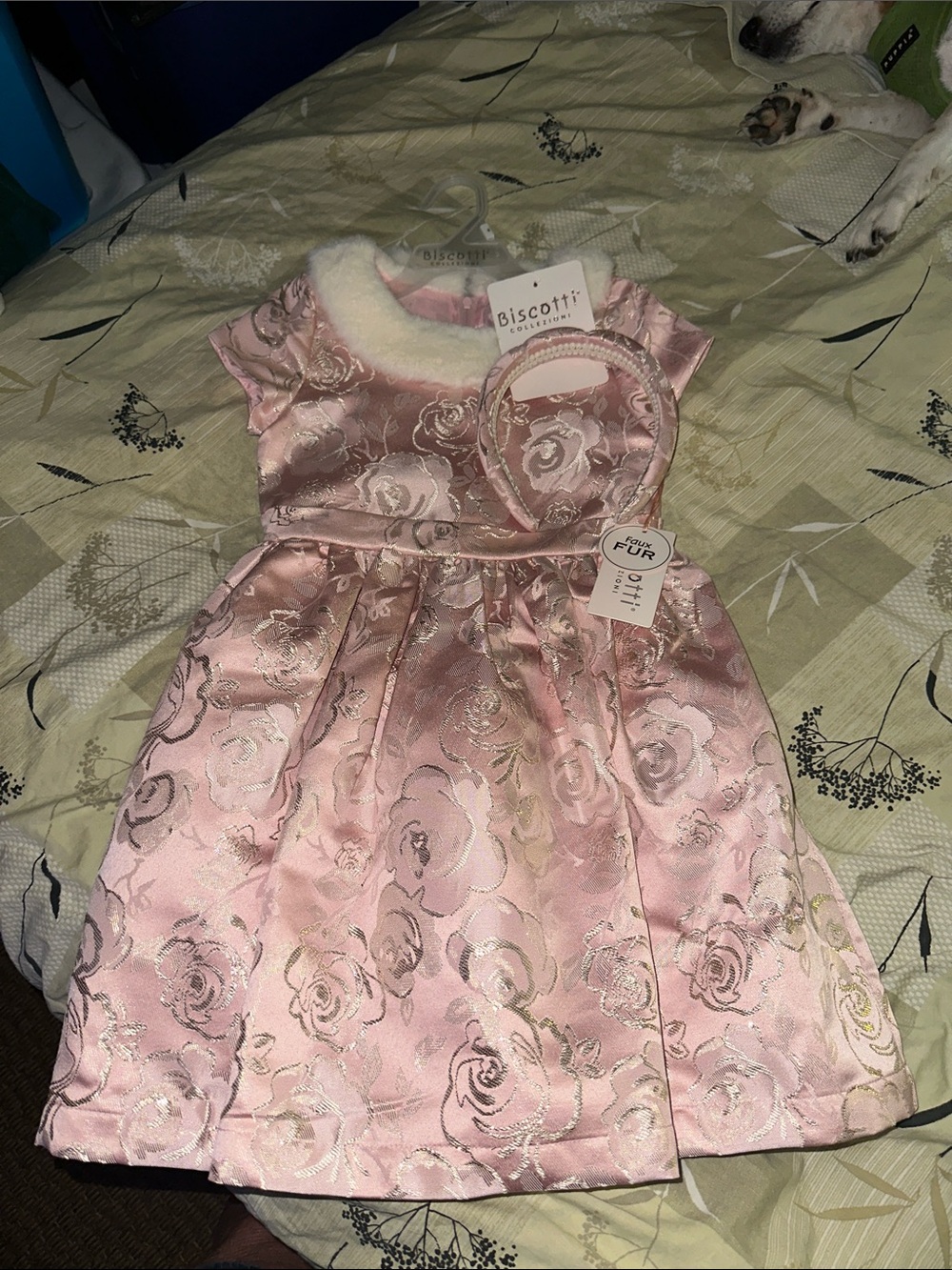 Biscotti Pink and Gold Floral Brocade Girls' Party Dress with Faux Fur Collar